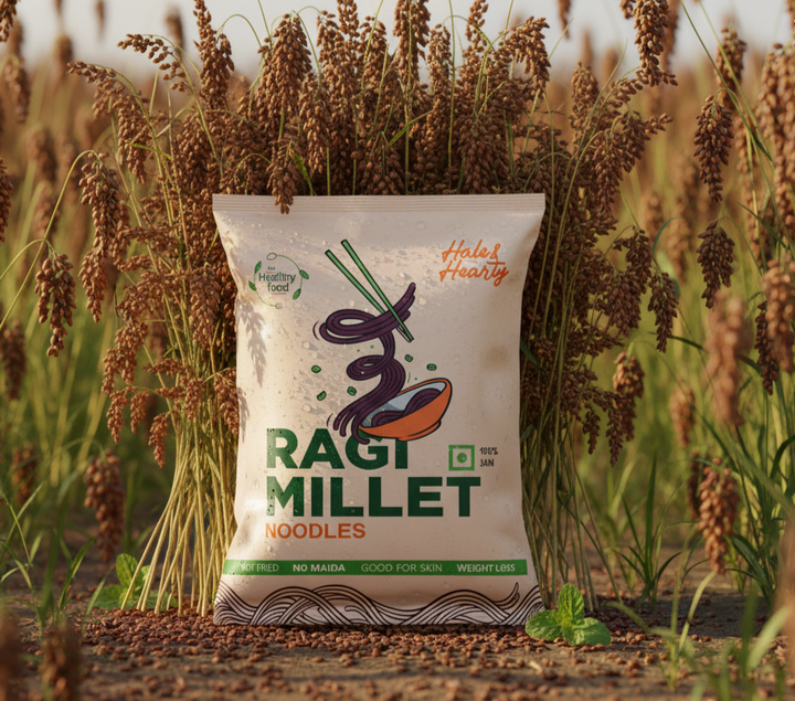 Ragi Millet noodles package in a field of millet plants